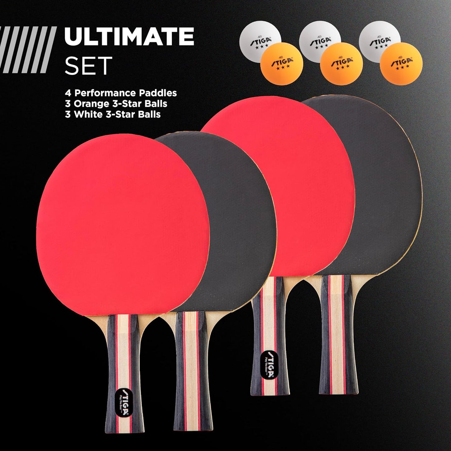 Performance Table Tennis Paddle Set for 4 Players with 6 Three-Star Orange and White Balls